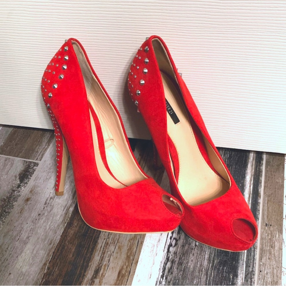 Forever 21 Faux Suede Red Studded Pumps